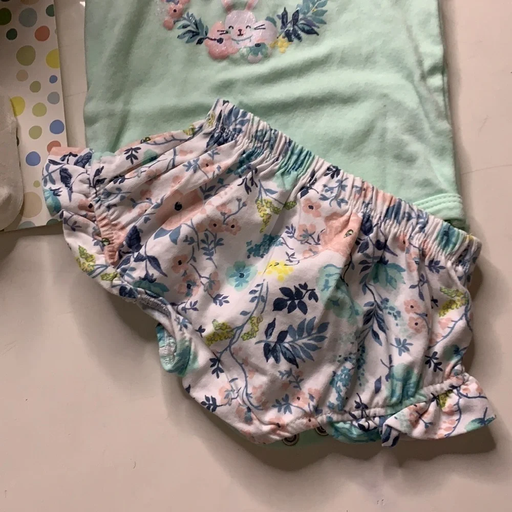 Easter 6 months Infant girl three piece set Ruffle bodysuit shoes slippers